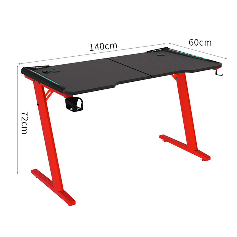 Odyssey8 1.4m Gaming Desk Office Table Desktop with LED light & Effects - Dual Panel Red