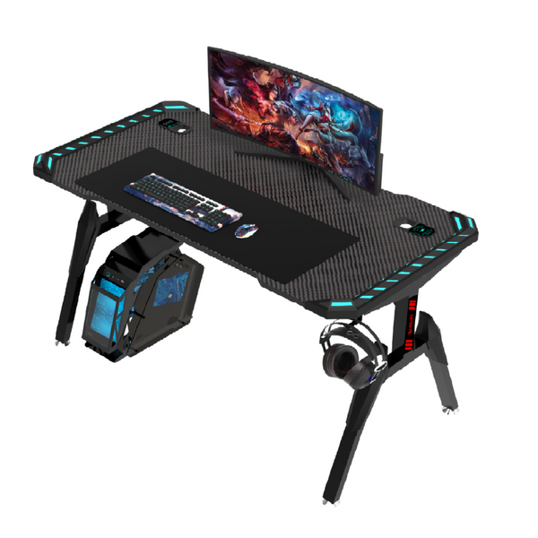 Odyssey8 1.2m Gaming Desk Office Table Desktop with LED Feature Light and USB & Wireless Charger - Black