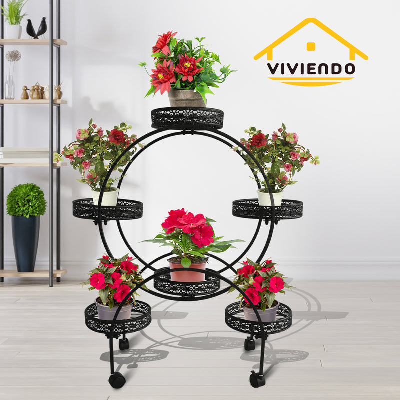 Viviendo 4 Tiers 6 Flower Potted Holders Indoor Metal Plant Stand with Wheels - Round White