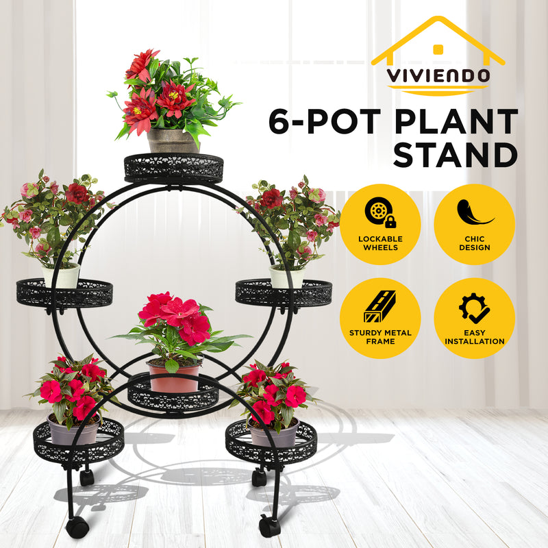 Viviendo 4 Tiers 6 Flower Potted Holders Indoor Metal Plant Stand with Wheels - Round