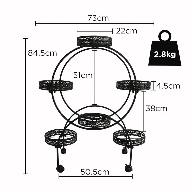 Viviendo 4 Tiers 6 Flower Potted Holders Indoor Metal Plant Stand with Wheels - Round Black