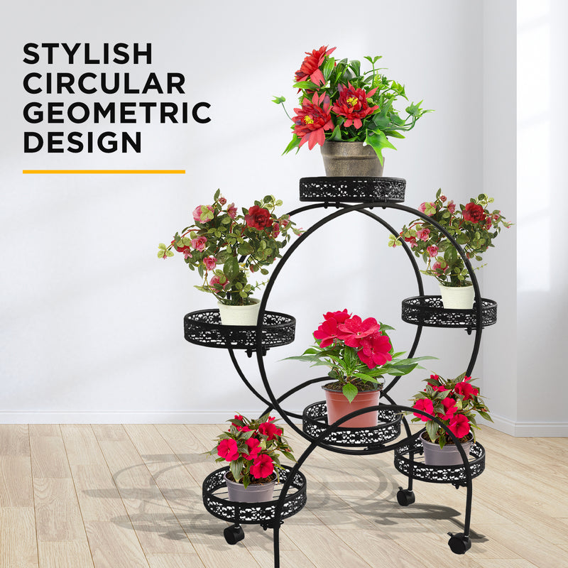 Viviendo 4 Tiers 6 Flower Potted Holders Indoor Metal Plant Stand with Wheels - Round Black