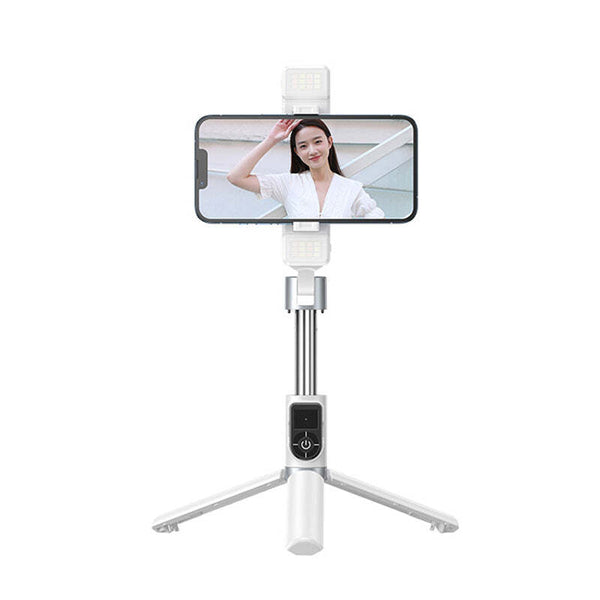 Selfie Stick Bluetooth Extendable Foldable Tripod with Dual Lights and Detachable Wireless Remote for iPhone and Android - White
