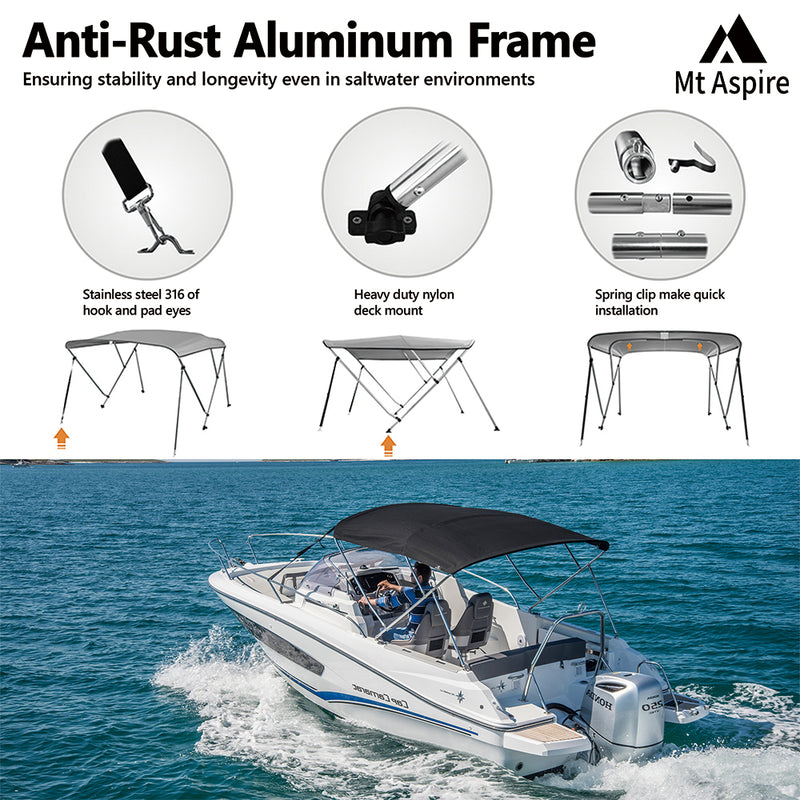 MT ASPIRE 3 Bow 1.3m-1.5m Grey Boat Bimini Top Canopy Aluminium Cover 600D Polyester