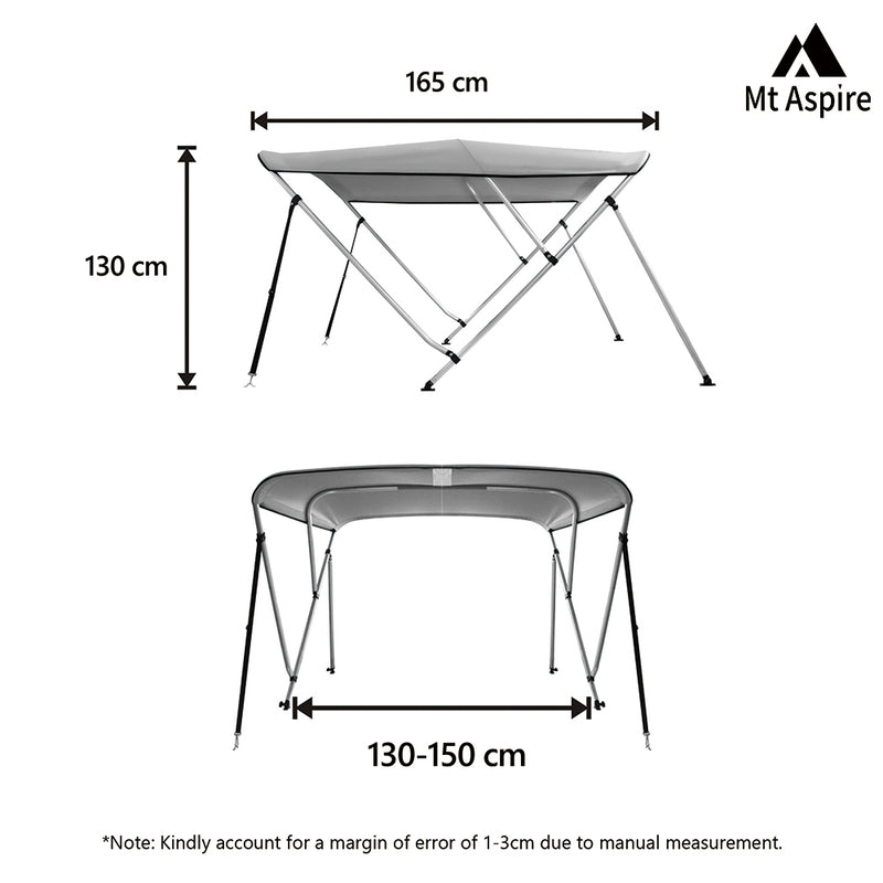 MT ASPIRE 3 Bow 1.3m-1.5m Grey Boat Bimini Top Canopy Aluminium Cover 600D Polyester