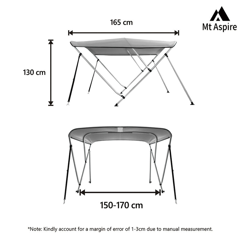 MT ASPIRE 3 Bow 1.5m-1.7m Grey Boat Bimini Top Canopy Aluminium Cover 600D Polyester