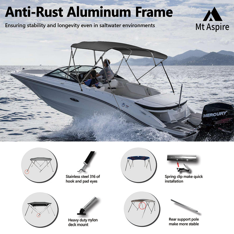 MT ASPIRE 4 Bow 1.5m-1.7m Grey Boat Bimini Top Canopy Aluminium Cover 600D Polyester