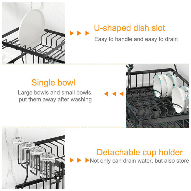Viviendo 2 Tier Dish Drainer Drying Rack in Carbon Steel with Kitchen Counter Cup and Cutlery Holder