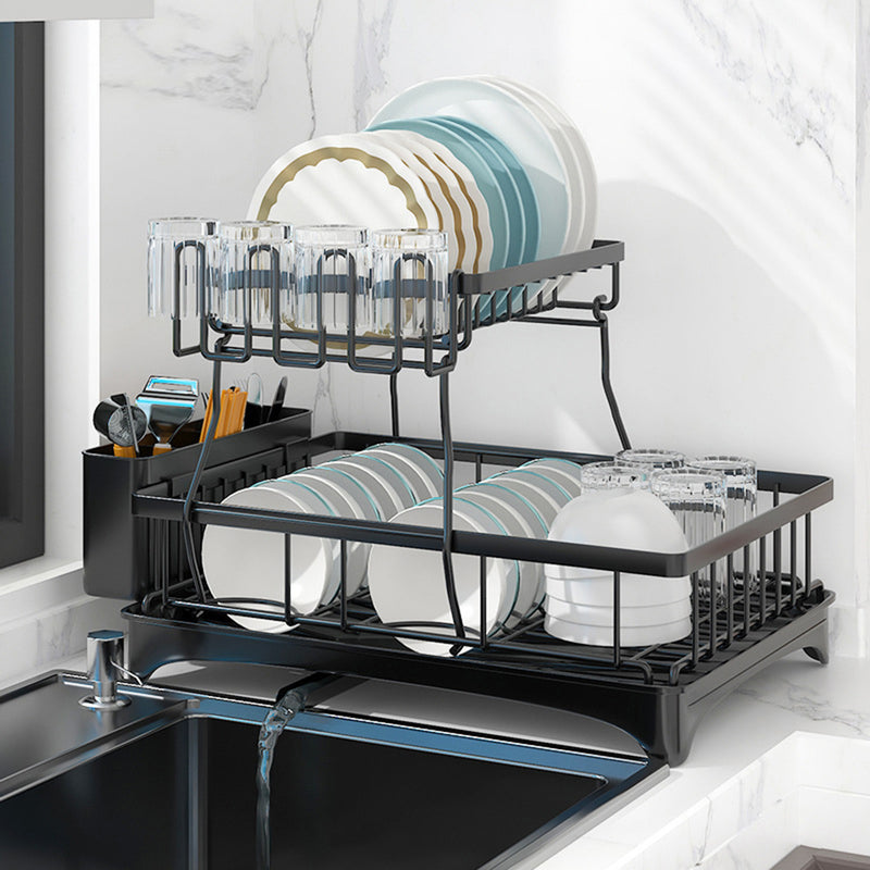 ADIVO 2 Tier Dish Drainer Drying Rack in Carbon Steel with Kitchen Counter Cup and Cutlery Holder