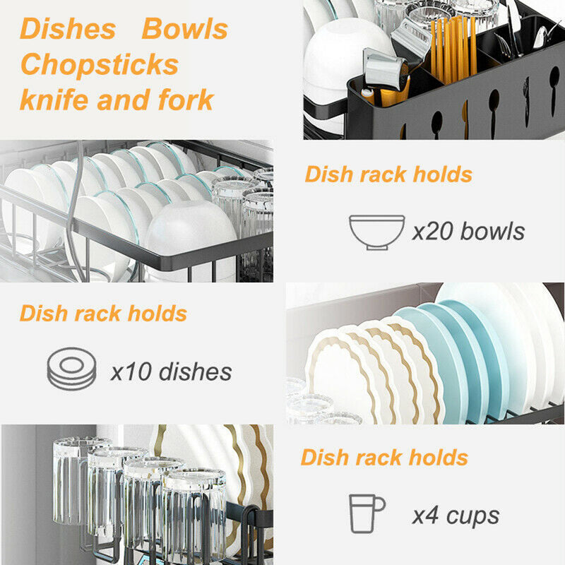 ADIVO 2 Tier Dish Drainer Drying Rack in Carbon Steel with Kitchen Counter Cup and Cutlery Holder
