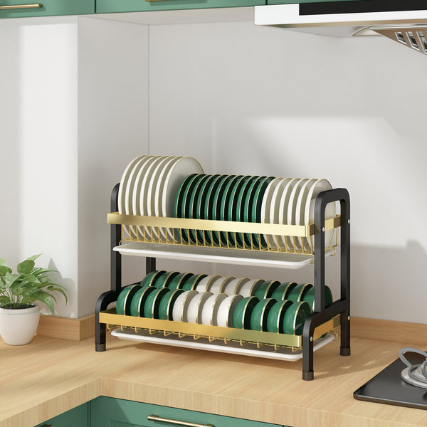 ADIVO Xlarge 2 tier Dish Drying Rack, Carbon Steel Kitchen Counter Dish Drainer with Cutlery Holder, Drip Tray and Handles - Black & Gold