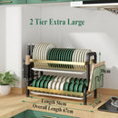 ADIVO Xlarge 2 tier Dish Drying Rack, Carbon Steel Kitchen Counter Dish Drainer with Cutlery Holder, Drip Tray and Handles - Black & Gold