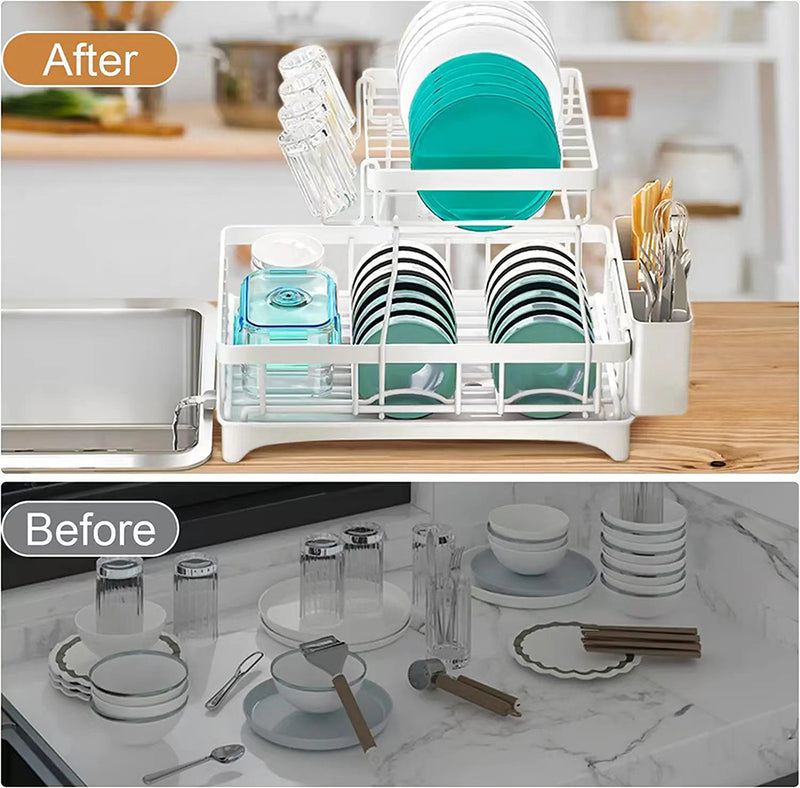 Viviendo 2 Tier Dish Drainer Drying Rack in Carbon Steel with Kitchen Counter Cup and Cutlery Holder - White
