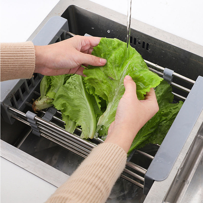 Expandable In Sink Kitchen Dish Drying Rack, Over The Sink Dish Drainer in Stainless Steel and ABS - Grey