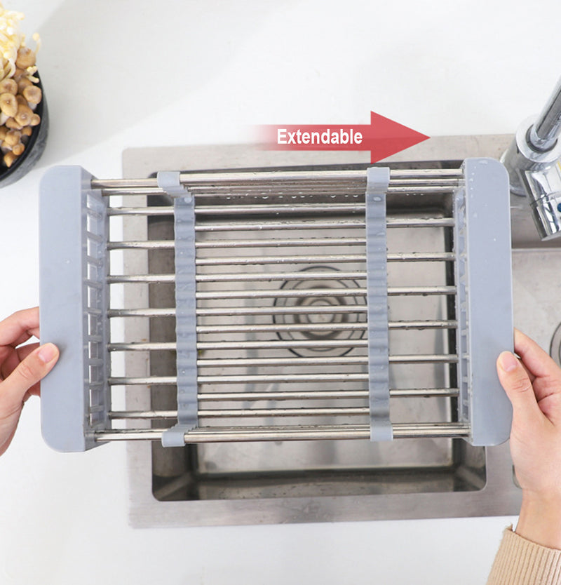 Expandable In Sink Kitchen Dish Drying Rack, Over The Sink Dish Drainer in Stainless Steel and ABS - Grey