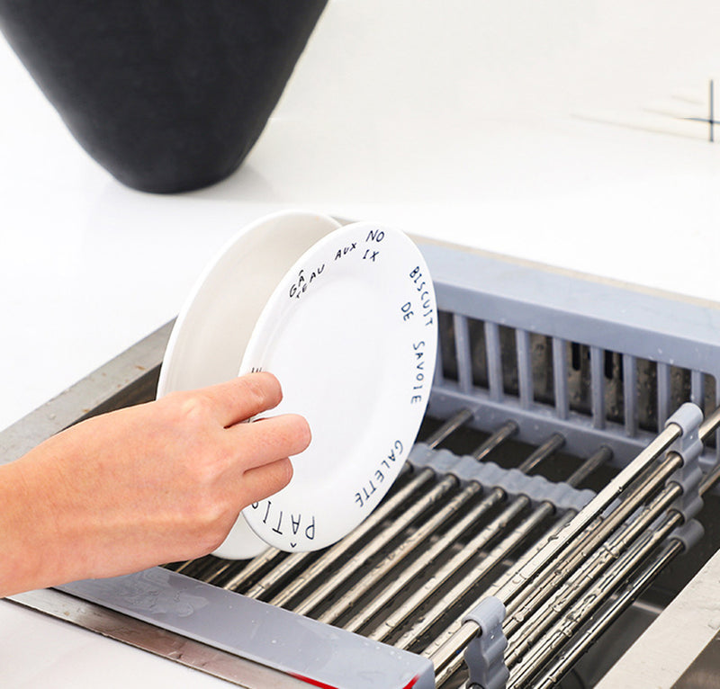 Expandable In Sink Kitchen Dish Drying Rack, Over The Sink Dish Drainer in Stainless Steel and ABS - Grey