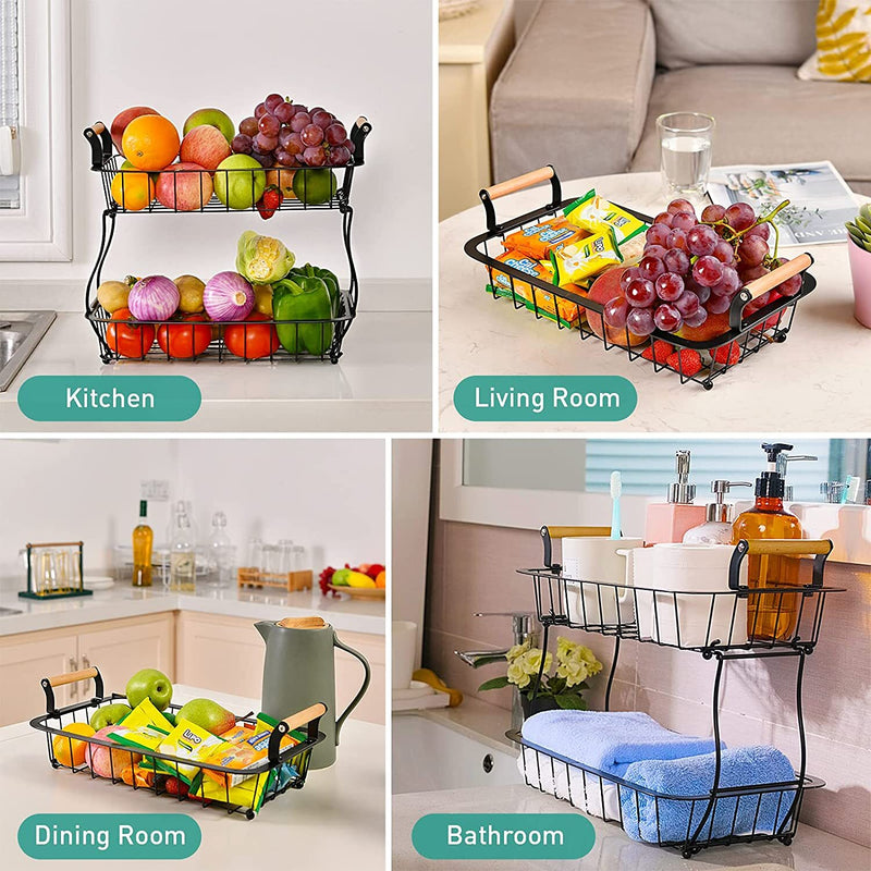 ADIVO 2 Tier Fruit Bowl Carbon Steel Kitchen Countertop for Fruit and Vegetable Basket Storage - Black