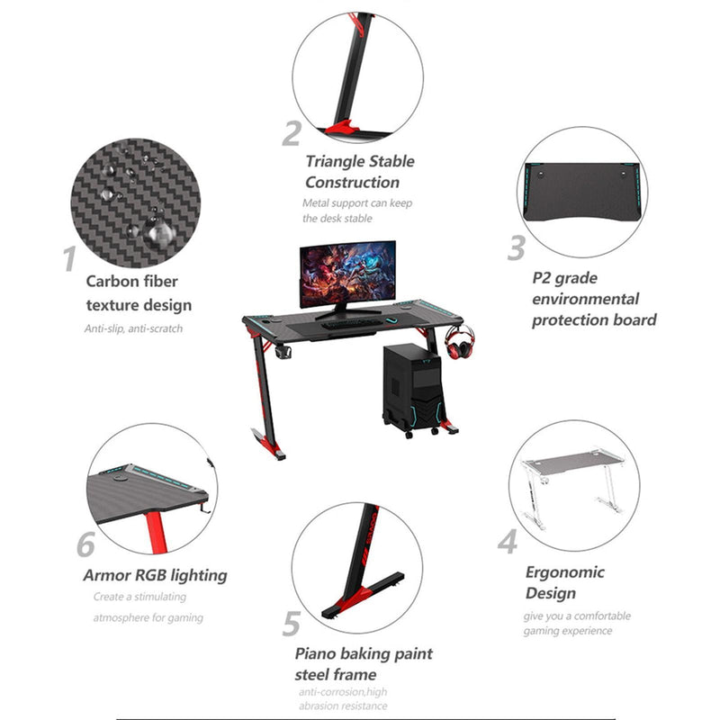 Odyssey8 1.2m Gaming Desk Office Table Desktop with LED light & Effects - Black
