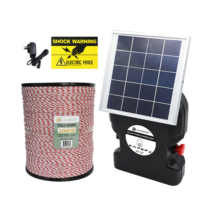 HortiKraft 8km Solar Powered Electric Fence Energizer 0.3J + 2km Poly Rope 2.5mm