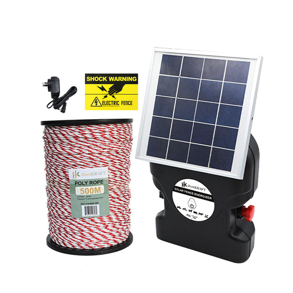 HortiKraft 8km Solar Powered Electric Fence Energizer 0.3J + 500m Poly Rope 4mm