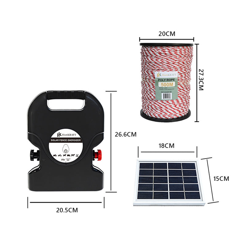 HortiKraft 8km Solar Powered Electric Fence Energizer 0.3J + 500m Poly Rope 4mm