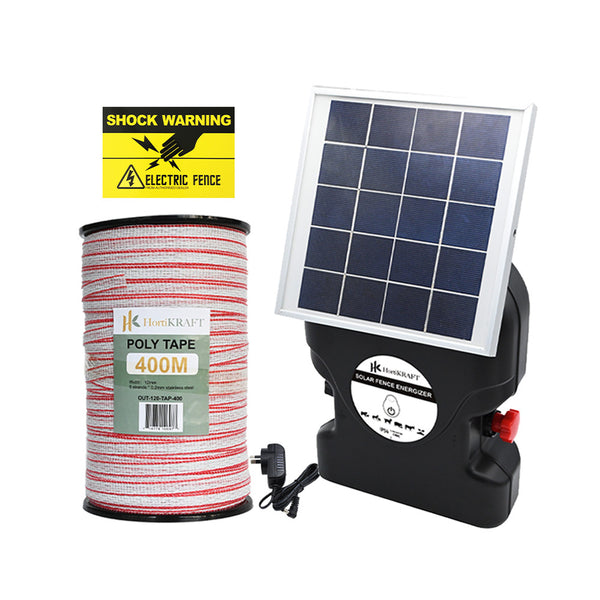 HortiKraft 8km Solar Powered Electric Fence Energizer 0.3J + 400m Poly Tape 12mm