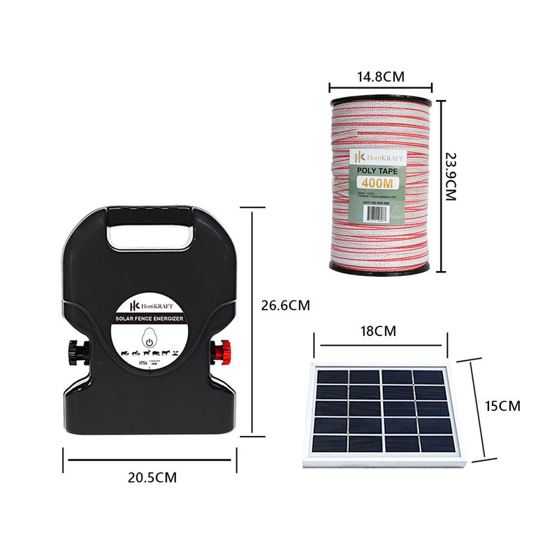 HortiKraft 8km Solar Powered Electric Fence Energizer 0.3J + 400m Poly Tape 12mm