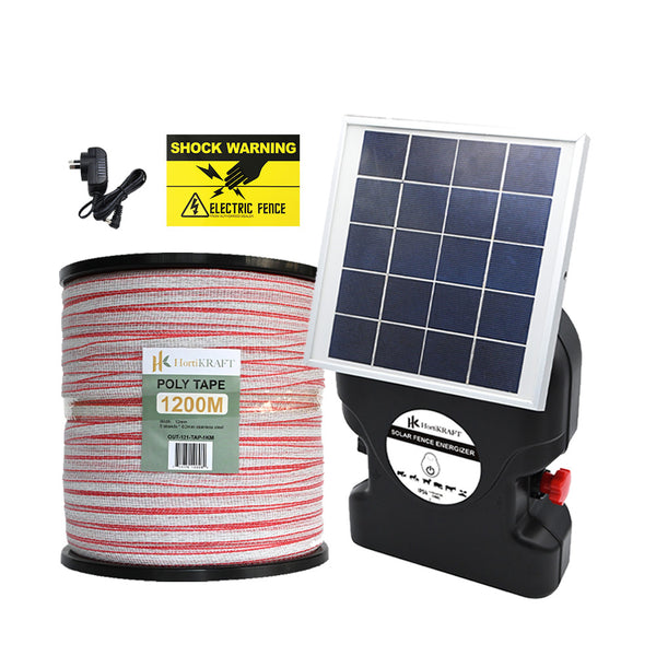 HortiKraft 8km Solar Powered Electric Fence Energizer 0.3J + 1.2km Poly Tape 12mm