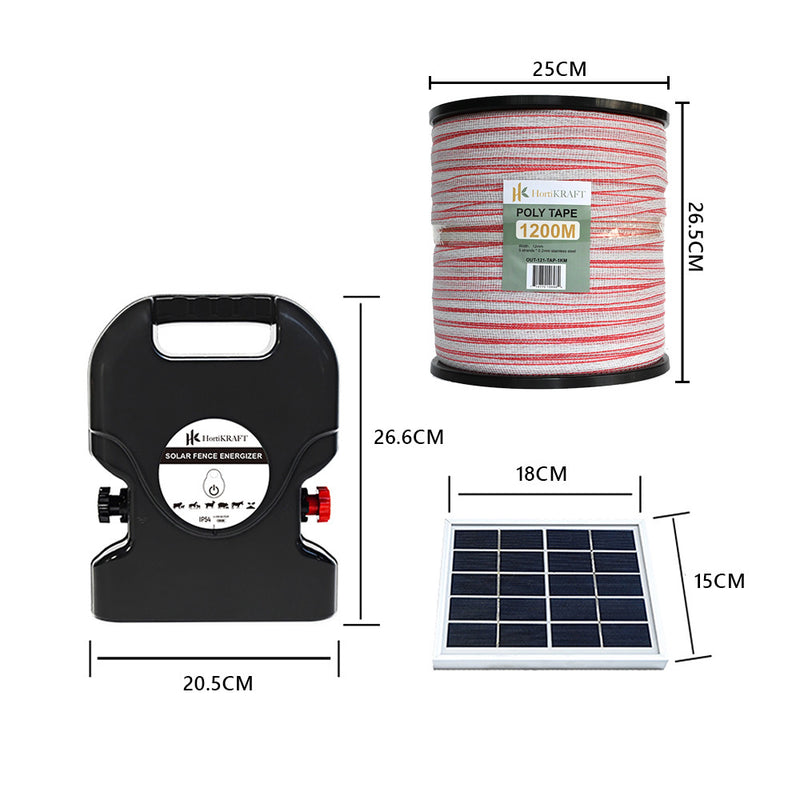 HortiKraft 8km Solar Powered Electric Fence Energizer 0.3J + 1.2km Poly Tape 12mm