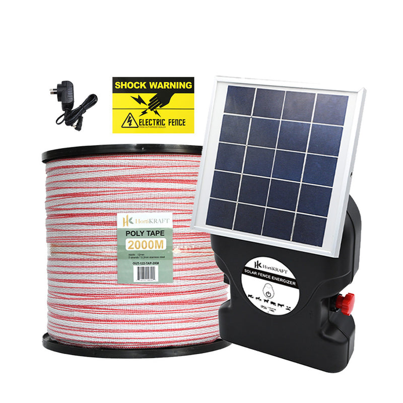 HortiKraft 8km Solar Powered Electric Fence Energizer 0.3J + 2km Poly Tape 12mm