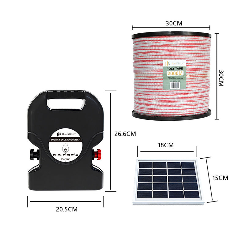 HortiKraft 8km Solar Powered Electric Fence Energizer 0.3J + 2km Poly Tape 12mm