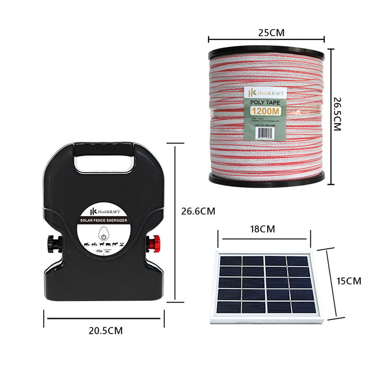 HortiKraft 10km Solar Powered Electric Fence Energizer 0.5J + 1.2km Poly Tape 12mm