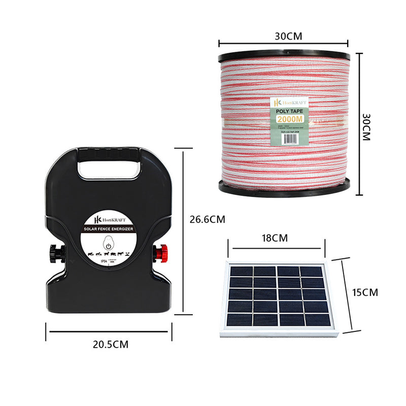 HortiKraft 15km Solar Powered Electric Fence Energizer 0.8J + 2km Poly Tape 12mm