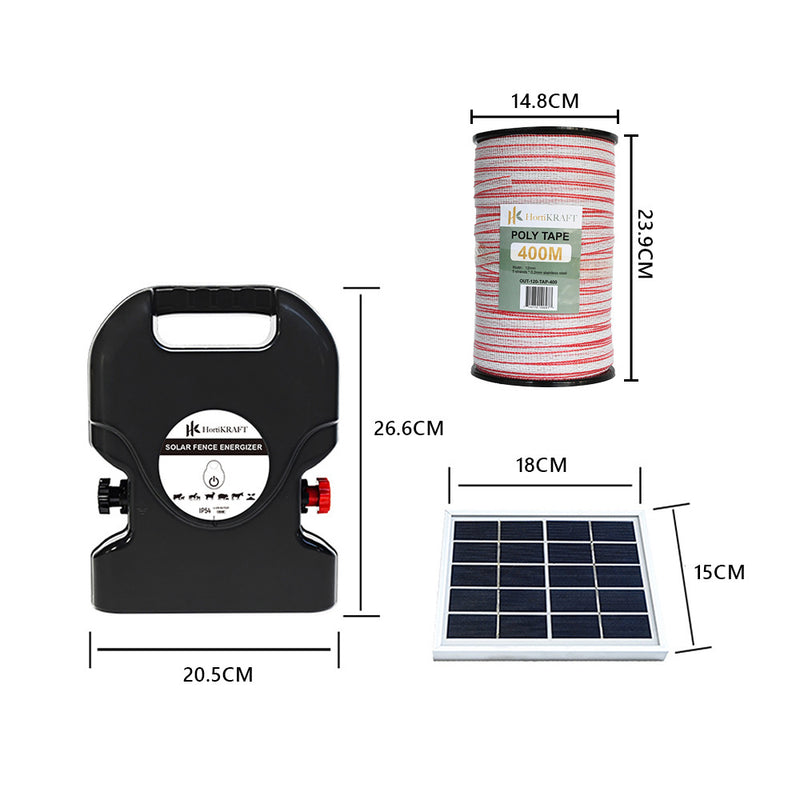 HortiKraft 20km Solar Powered Electric Fence Energizer 1.2J + 400m Poly Tape 12mm