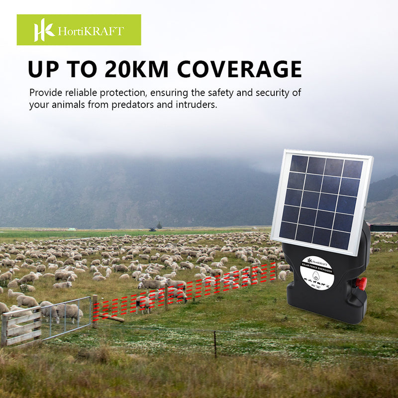 HortiKraft 20km Solar Powered Electric Fence Energizer 1.2J + 2km Poly Tape 12mm