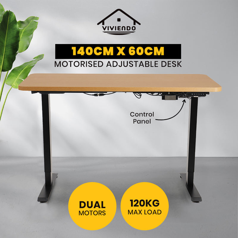 Viviendo Electric Standing Desk Dual Motorised Height Adjustable Sit Stand Workstation 1.4m Oak Colour - Black Base