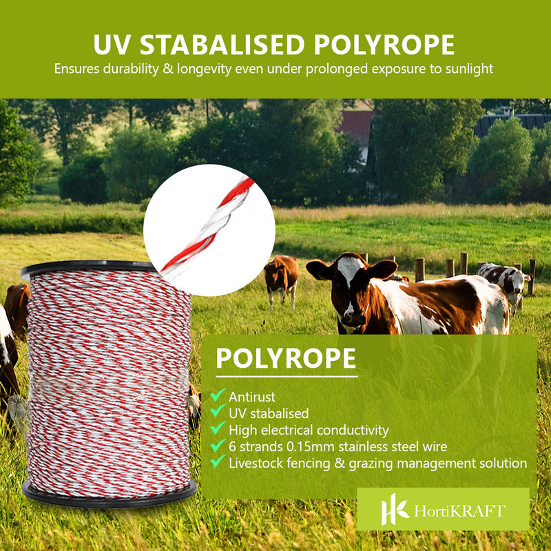 HORTIKRAFT 2.5-4KM All-in-one Solar Fence Energizer 500m Poly Rope for Livestock