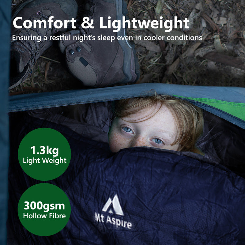 Mt Aspire Kids Sleeping Bag Single Camping Hiking Winter Thermal -10C Navy Blue