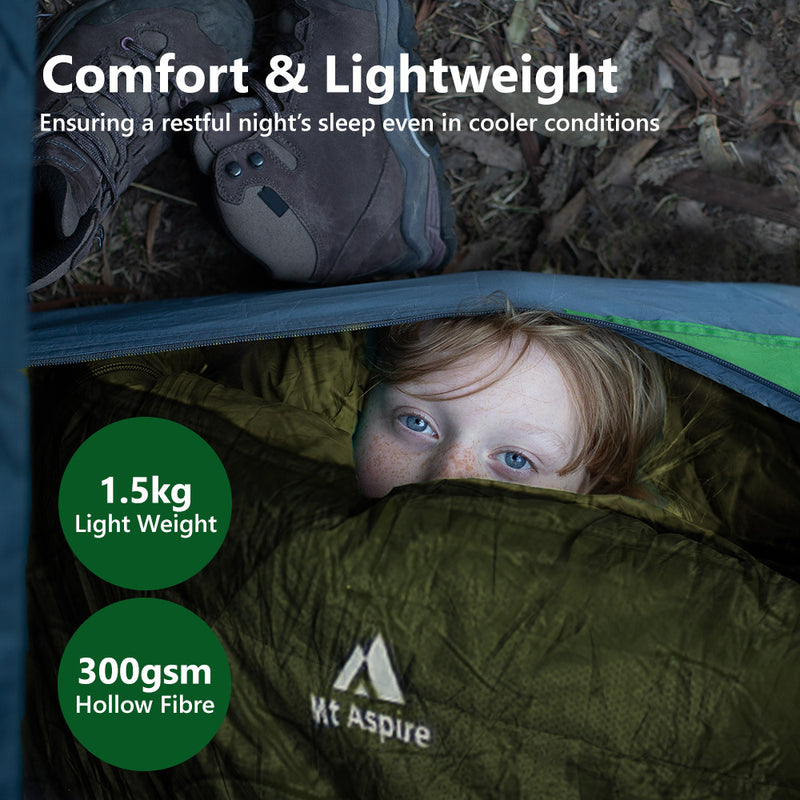 Mt Aspire Kids Sleeping Bag Single Camping Hiking Winter Thermal -10C Army Green