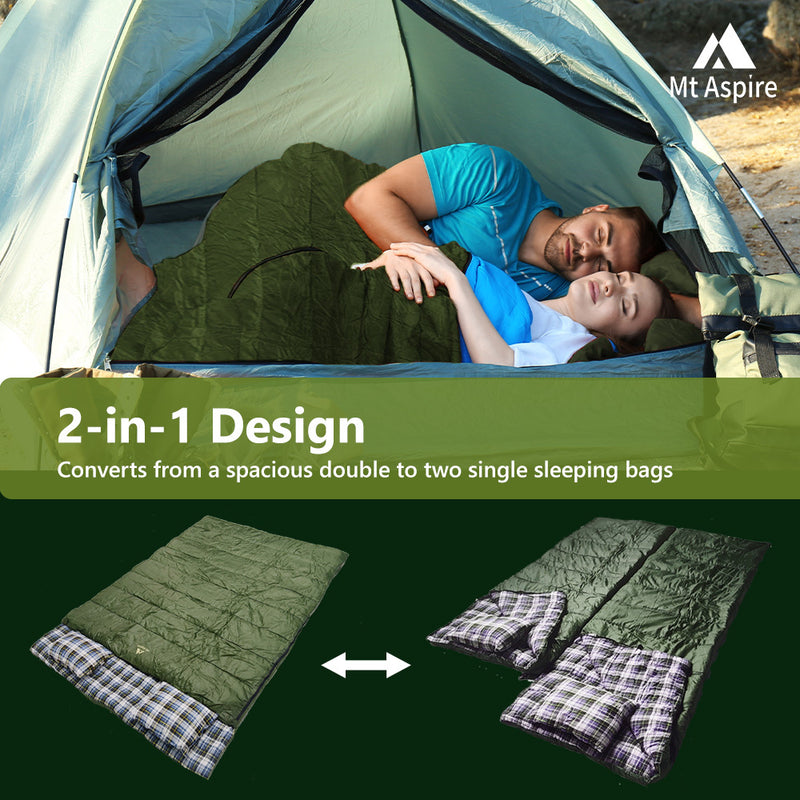 Mt Aspire Sleeping Bag Double Camping Hiking Winter Thermal -10C Army Green