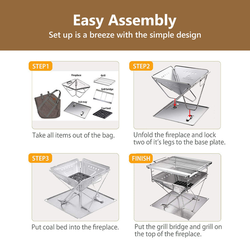 CAMPINGMOON Stove Fire Pit BBQ Grill Adjustable Camping Stainless Steel Large MT-045