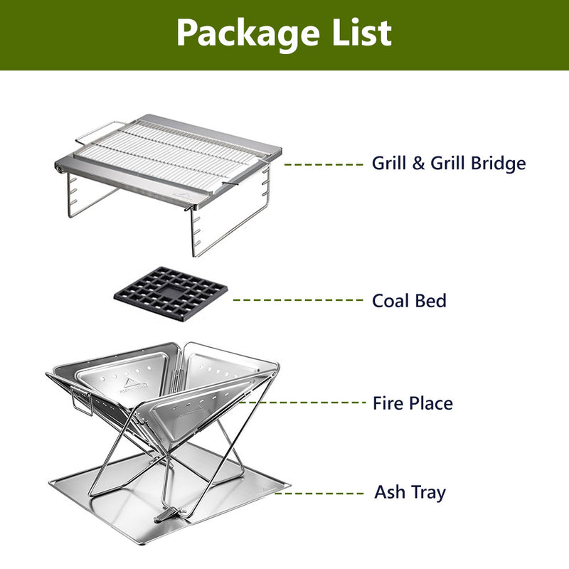 CAMPINGMOON Stove Fire Pit BBQ Grill Adjustable Camping Stainless Steel Large MT-045