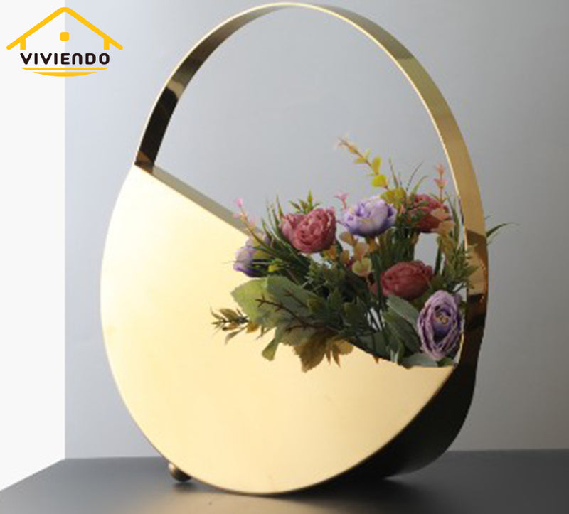 Viviendo Golden Circle Designer Flower Vase in Stainless Steel Art Decorative Desktop - Large