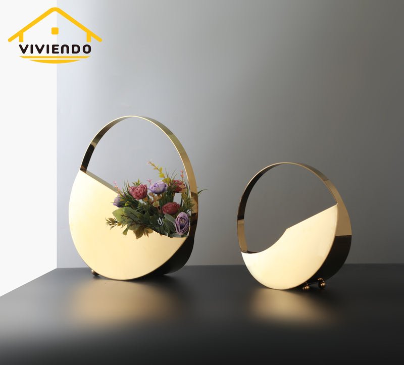 Viviendo Golden Circle Designer Flower Vase in Stainless Steel Art Decorative Desktop - Medium