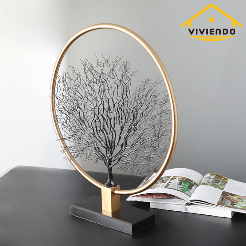Viviendo Iron & Marble Stone Premium Tree Sculpture with Gold Circle