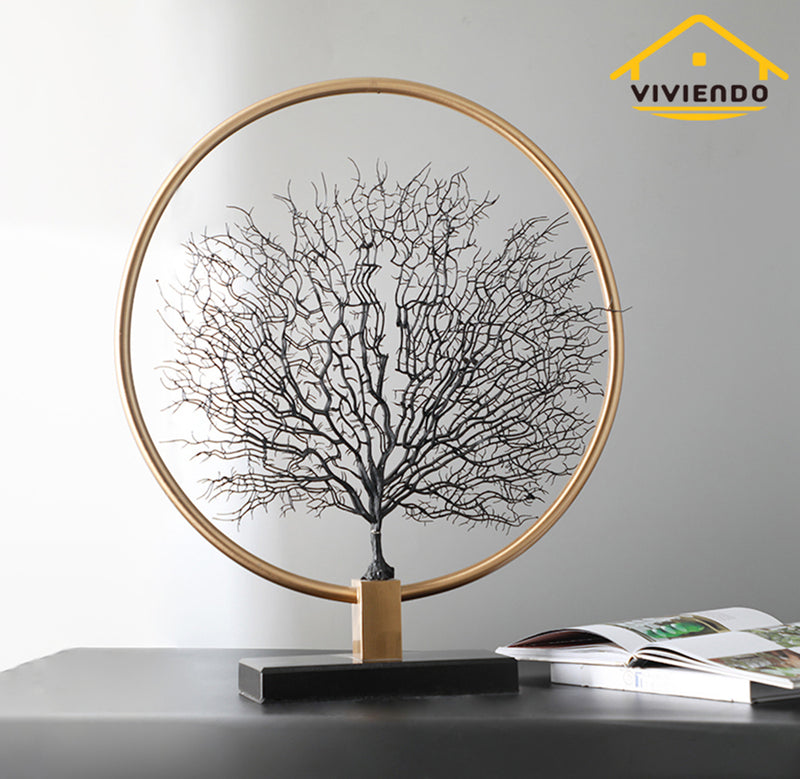 Viviendo Iron & Marble Stone Premium Tree Sculpture with Gold Circle
