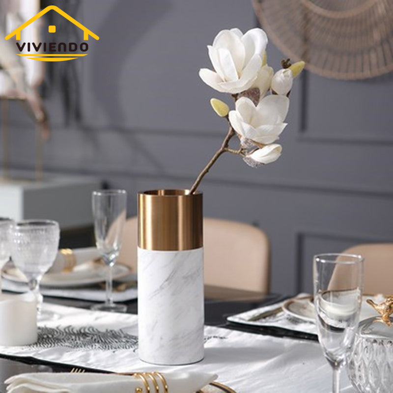 Viviendo Decorative Gold Peak Flower Vase in Aluminium & Marble Stone - Large