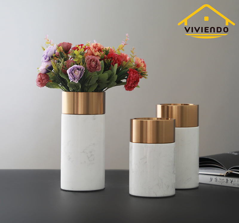 Viviendo Decorative Gold Peak Flower Vase in Aluminium & Marble Stone - Large