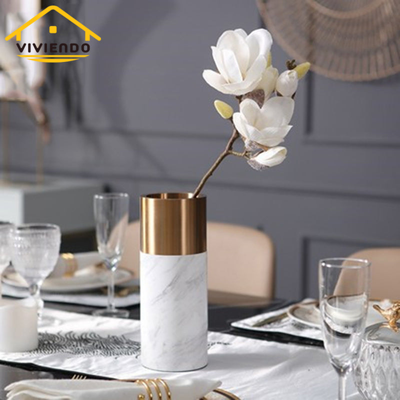 Viviendo Decorative Gold Peak Flower Vase in Aluminium & Marble Stone