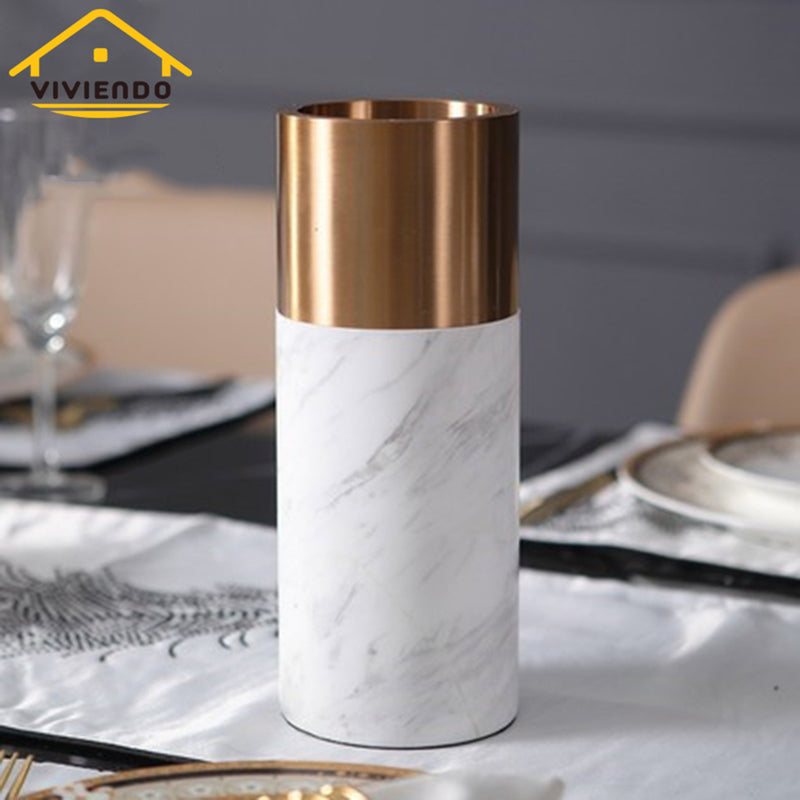 Viviendo Decorative Gold Peak Flower Vase in Aluminium & Marble Stone